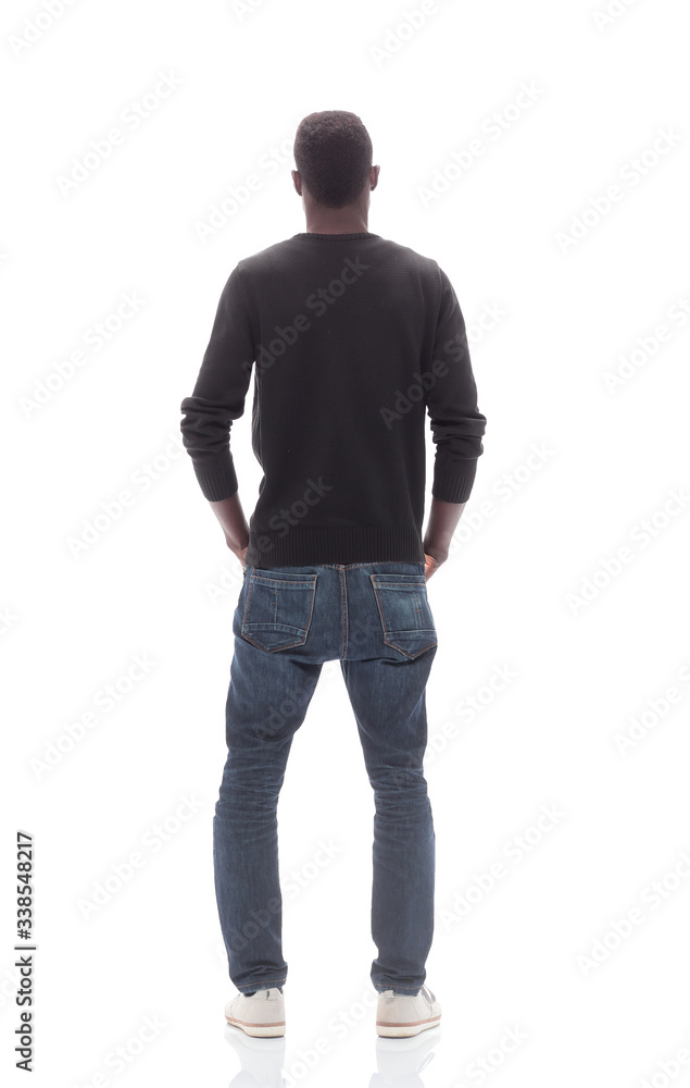 casual man looking at blank white screen. isolated on white casual man looking at blank white screen. isolated on white