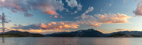 A panorama of sunset over the Rocky Mountains and Dillon Reservoir (Lake Dillon) in Colorado photo