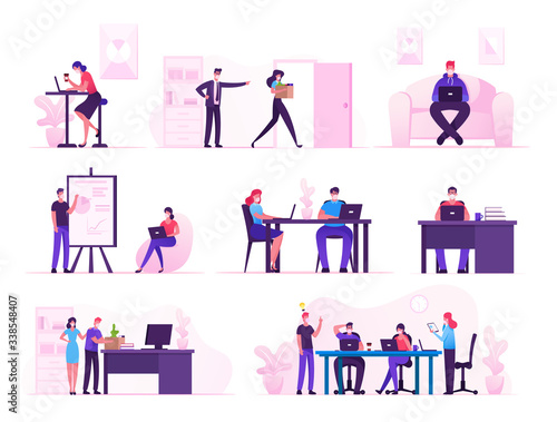 Set Business and Work Activity during Covid19 Global Pandemic. Characters Wearing Medical Masks Leaving Job for Quarantine and Self Isolation. Boss Dismiss Employee. Cartoon Vector People Illustration