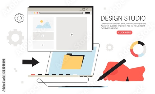 Web page creation, mobile application development for business, company, start up. Concept of landing page design, prototyping, ui ux. Laptop with new project template. Design studio creative banner.