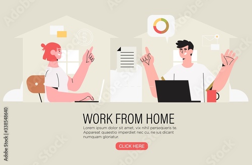 Two freelancer coworkers working at home office on a laptop and have conversation about project or settle business tasks . Video or online conference call with fellow distant workers or partner.