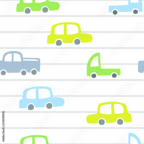 Seamless pattern with different cute cars. White background. Perfect for kids fabric, textile, nursery wallpaper. Vector illustration. Flat style.