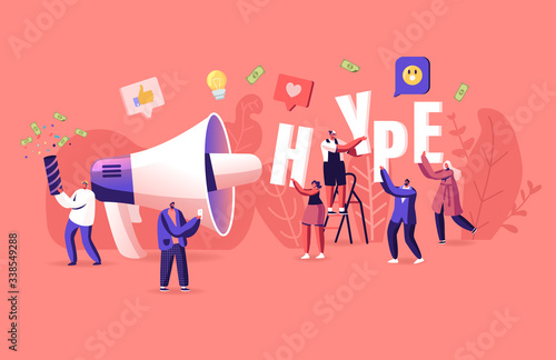 Hype, Social Media Viral or Fake Content Spreading Concept. Tiny Male and Female Characters with Huge Letters in Hands and Megaphone. Money Bills Flying around. Cartoon Vector People Illustration
