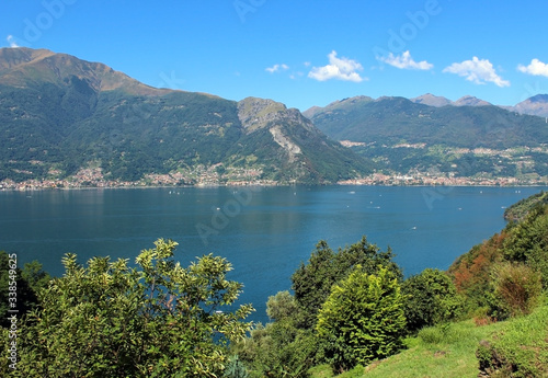 Lake and mountains covered by vegetation landscape in summer - Lake Como in Italy