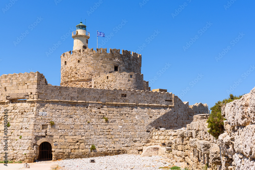 The fort of St. Nicholas in Mandrakia port of Rhodes. Greece