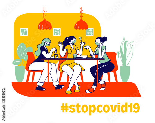 Happy Girls Wearing Medical Masks Sitting in Cafe Chatting and Drinking Coffee with Pastry and Bakery. Friends Company Characters Lunch Break, Stop Covid 19 Virus. Linear People Vector Illustration