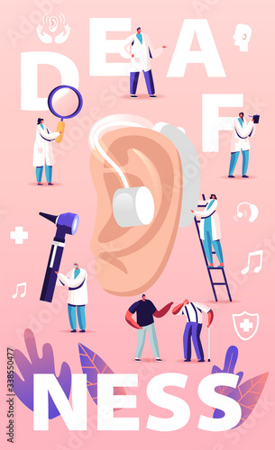 Deafness Concept. Deaf People with Hear Problems Visiting Doctor Audiologist for Ears Treatment. Senior Disabled Characters Using Hearing Aid, Medical Poster Banner Flyer Cartoon Vector Illustration