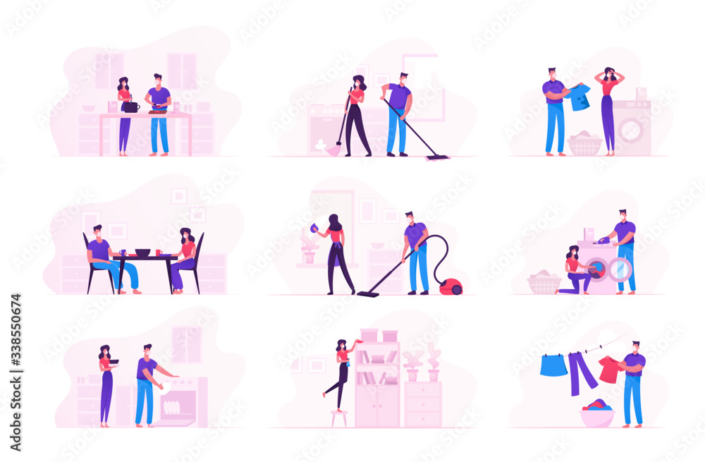 Family Couple Characters Wearing Medical Masks Doing Household Duties and Chores during Covid19 Quarantine Self Isolation. Man Woman Washing Clothes, Cleaning Home. Cartoon Vector People Illustration