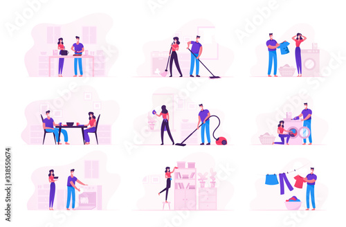 Family Couple Characters Wearing Medical Masks Doing Household Duties and Chores during Covid19 Quarantine Self Isolation. Man Woman Washing Clothes, Cleaning Home. Cartoon Vector People Illustration