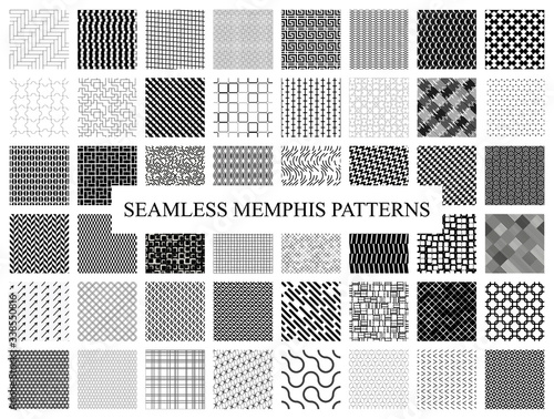 Bundle big collection of Memphis seamless patterns. Style 80-90s. Monochrome black and white textures.