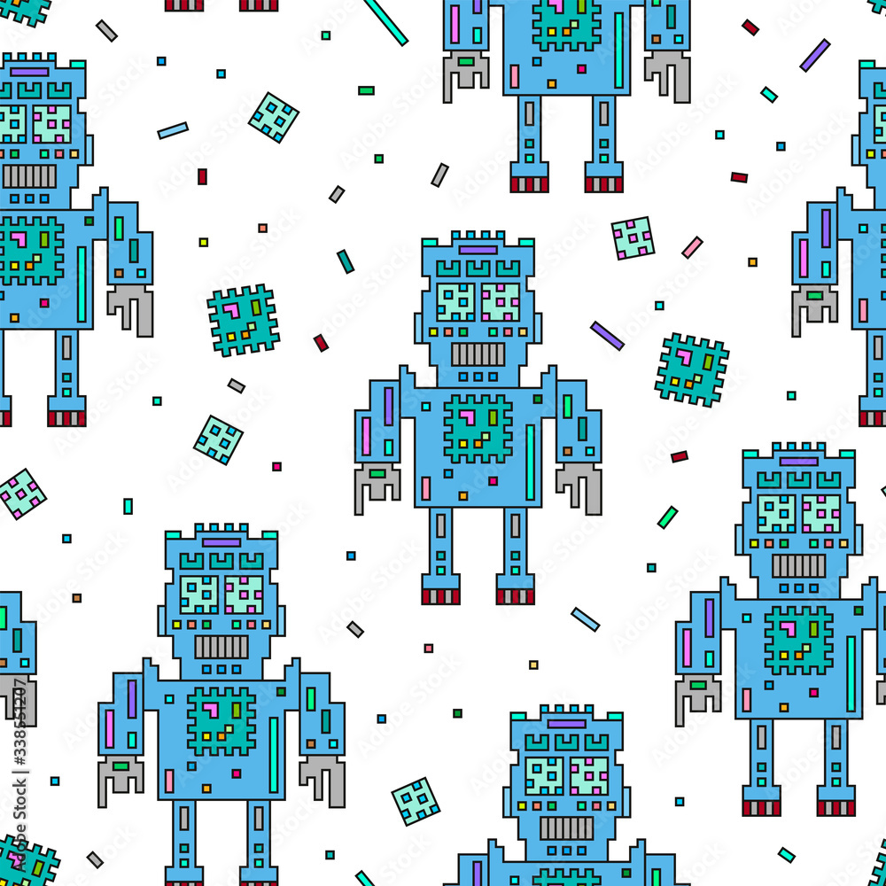 Seamless pattern with robots, squares and rectangles. Vector illustration on a white background.