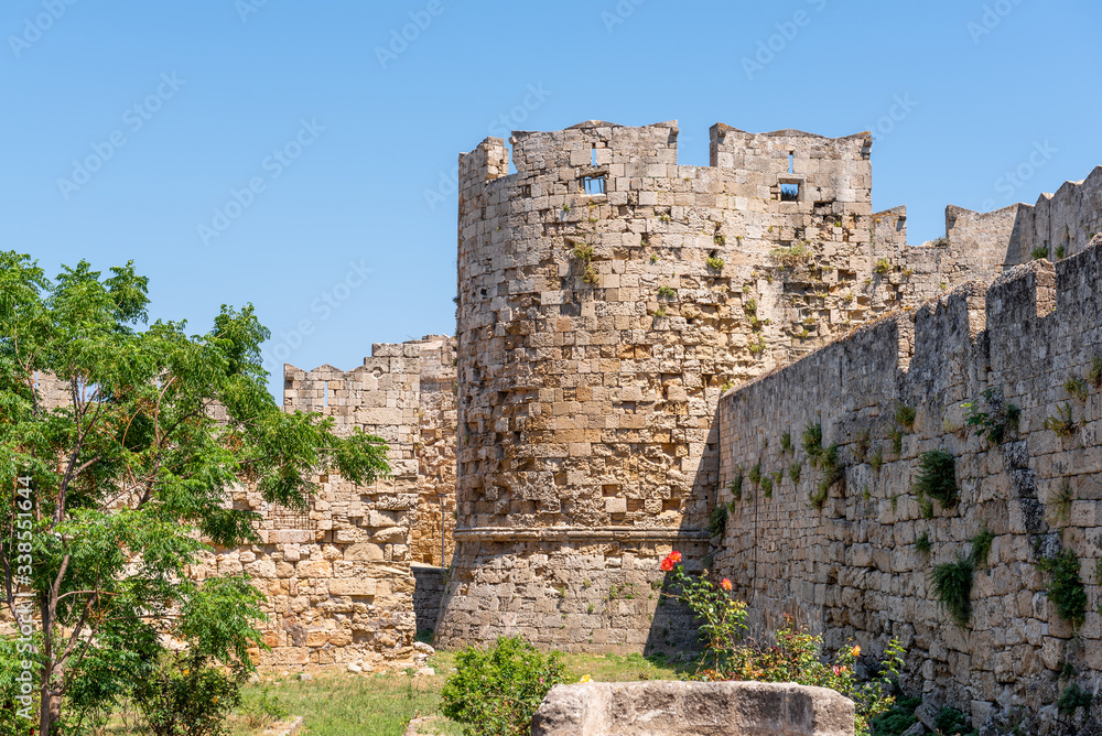 Old fortification of Rhodes town on summer day. Dodecanese, Greece