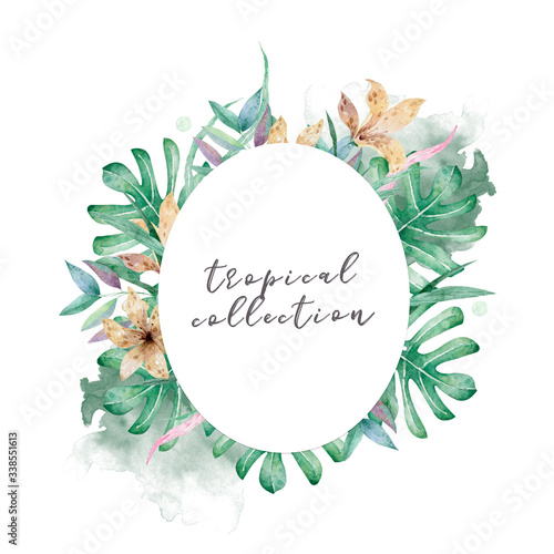 Hand drawn watercolor tropical banner with jungle leaves. Exotic leaves illustrations horizontal frame, jungle tree, brazil trendy. Perfect for design.