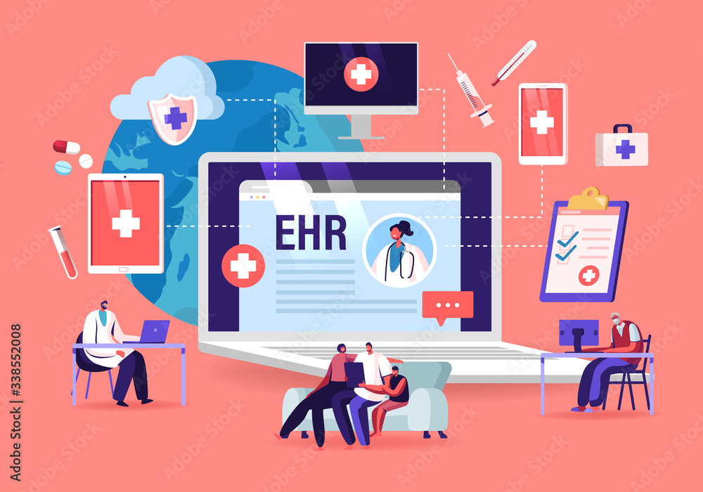 EHR, Electronic Health Record. Patient Character Insert Medical Data in  Tablet. Doctor Use Digital Smart Device to Read Report Online. Modern  Technology in Hospital. Cartoon Vector People Illustration Stock Vector |  Adobe
