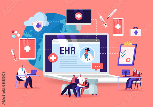 EHR, Electronic Health Record. Patient Character Insert Medical Data in Tablet. Doctor Use Digital Smart Device to Read Report Online. Modern Technology in Hospital. Cartoon Vector People Illustration