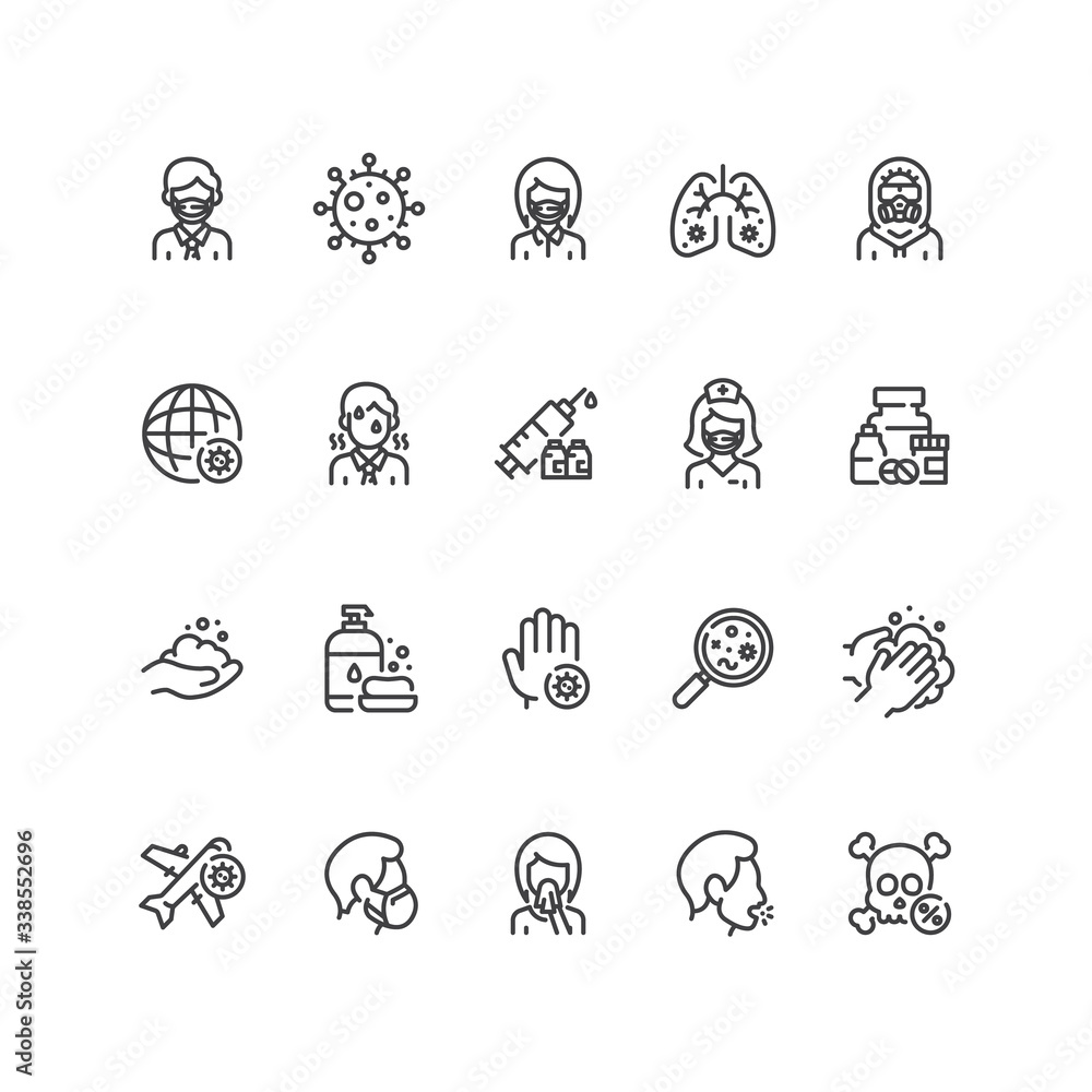 Set of coronavirus icons in line style. For your design, logo. Vector illustration.