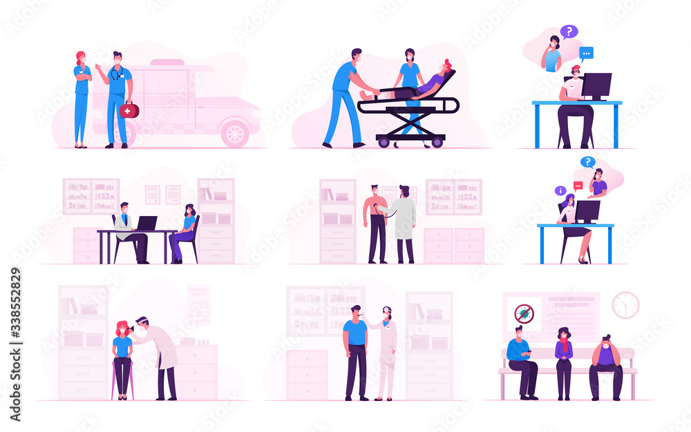 Set Male and Female Characters Wearing Medical Masks Visiting Hospital during Covid19 Pandemic. Global Epidemic of Coronavirus Infection, Quarantine, Self Isolation. Cartoon Vector People Illustration