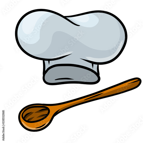 Chef hat. Wooden spoon. Cook white Clothes. Element of the restaurant and cafe logo. Cartoon drawn illustration