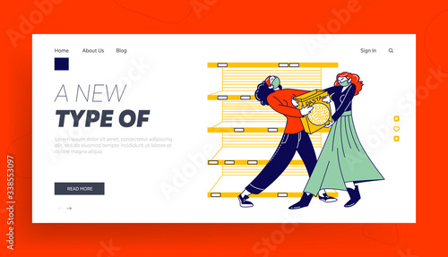 Doomsday Panic Landing Page Template. Women Characters Fighting for Products in Store During Coronavirus Outbreak or Covid-19 Quarantine, Covid 19 Epidemic Outbreak. Linear People Vector Illustration
