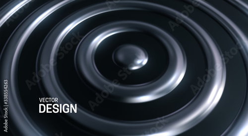 Abstract geometric background with silver concentric rings. Vector 3d illustration. Decoration element for poster design. Jewelry concept. Perspective view.