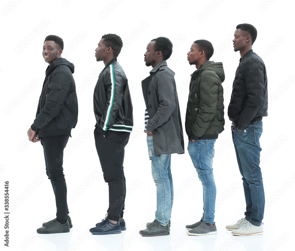 group of diverse guys standing in turns . isolated on white group of diverse guys standing in turns . isolated on white