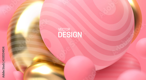 Abstract background with dynamic 3d spheres. Plastic pink and golden bubbles. Vector illustration of glossy soft balls. Modern trendy banner or poster design. Colorful cover template