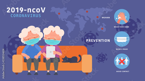 Stay home elderly couple Find internet knowledge Reduce the risk infection disease concept crisis situation that we’re all experiencing around the world due to the coronavirus Coronavirus 2019- ncov.
