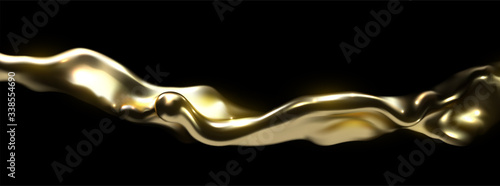 Golden liquid wave isolated on black background. Vector realistic 3d illustration. Flowing gold stream. Melted and dripping metallic substance. Glowing splash. Decoration element for design