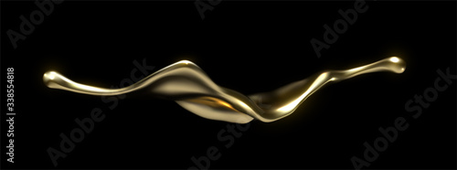 Golden liquid splash isolated on black. Vector realistic 3d illustration. Flowing gold. Melted and dripping metallic substance. Isolated splashing substance. Decoration element for luxury design