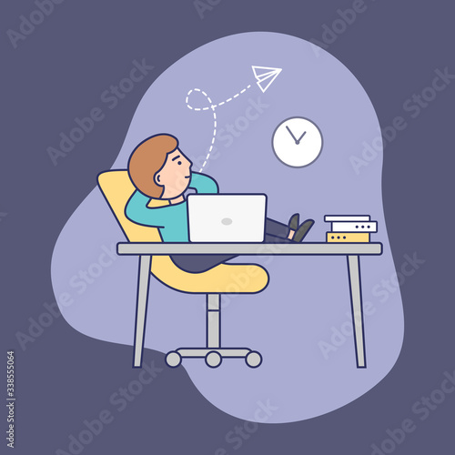 Concept of Deadline, Term and Time Waste. Procrastinating Confident Businessman is Sitting On Chair Recline With Legs On Office Desk. Man Relaxing From Work. Outline Linear Flat Vector Illustration