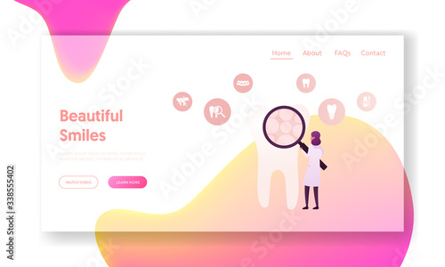 Health Care Oral Treatment Program, Checkup, Dental Implant Landing Page Template. Dental Care, Tiny Dentist Doctor Character Look on Huge Tooth through Magnifying Glass. Cartoon Vector Illustration