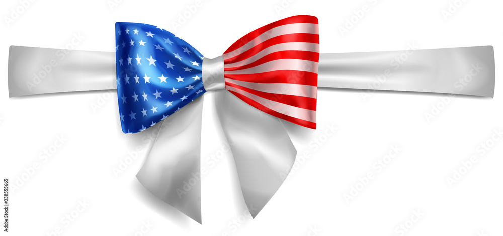 Big bow made of ribbon in USA flag colors with shadow on white background Big bow made of ribbon in USA flag colors with shadow on white background