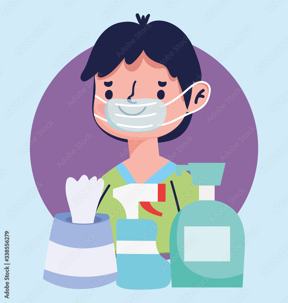 boy with medical mask and hand sanitizer gel, liquid soap, paper, covid 19 boy with medical mask and hand sanitizer gel, liquid soap, paper, covid 19