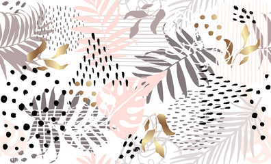 Gordijnen Tropische bladerprint patronen Seamless exotic pattern with tropical plants and gold elements. Vector hand draw  © Tolchik