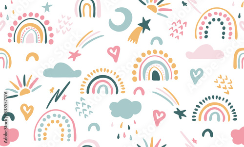 Fotografie, Obraz Seamless vector pattern with hand drawn rainbows and sun