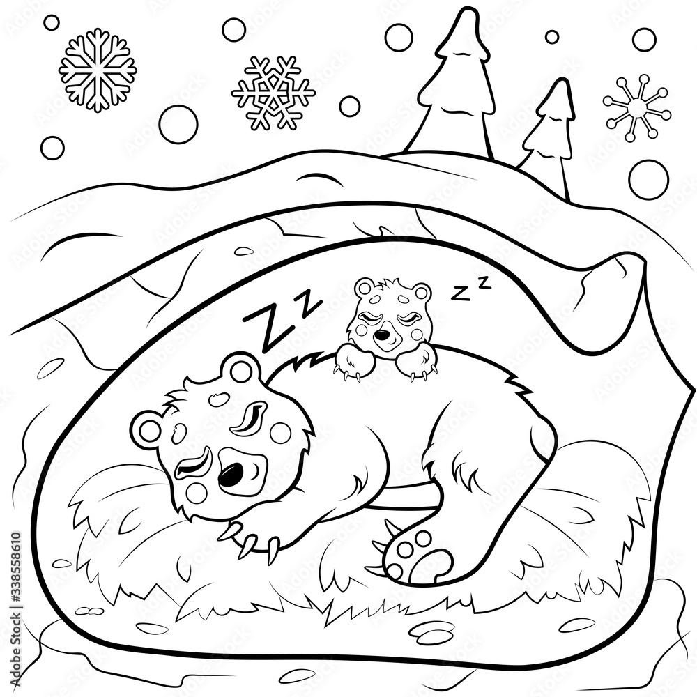 Cute cartoon sleeping bears in den in winter vector coloring page. Bear