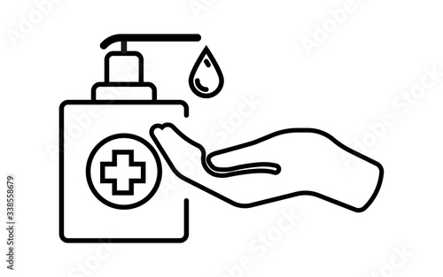 Hand sanitizer. Disinfector icon. Coronavirus Covid-19 prevention. Virus protection. Antibacterial liquid. Vector illustration. EPS 10
