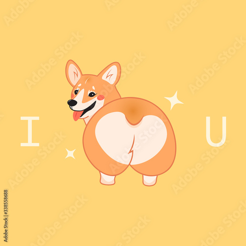 Cute smiling corgi dog vector cartoon illustration.  I love you  kawai corgi butt print. Isolated on yellow background