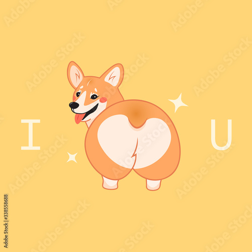 Cute smiling corgi dog vector cartoon illustration. "I love you" kawai corgi butt print. Isolated on yellow background