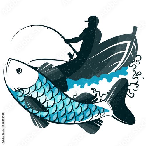 Fisherman with fishing rod in a boat and fish catch