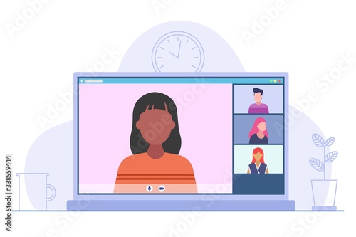 Video conference online. Desktop application for video meeting online. Flat modern style illustration. Concept of remote communication. Vector illustration isolated on white background.