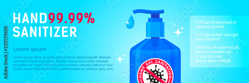 Panoramic web banner antibacterial gel, spray for the sanation of hands from bacteria, coronavirus, Covid 19. Hand sanitizer on a blue background. Vector illustration