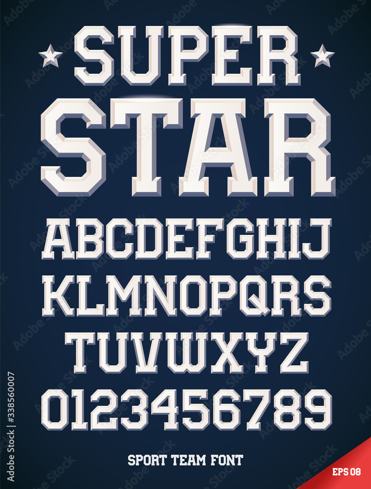 Classic style Sport Team slab serif font, metallic beveled alphabet and numbers. Upper case. Vector illustration. - obrazy, fototapety, plakaty 