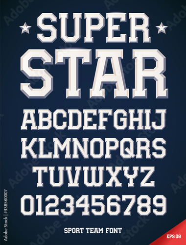 Classic style Sport Team slab serif font, metallic beveled alphabet and numbers. Upper case. Vector illustration.