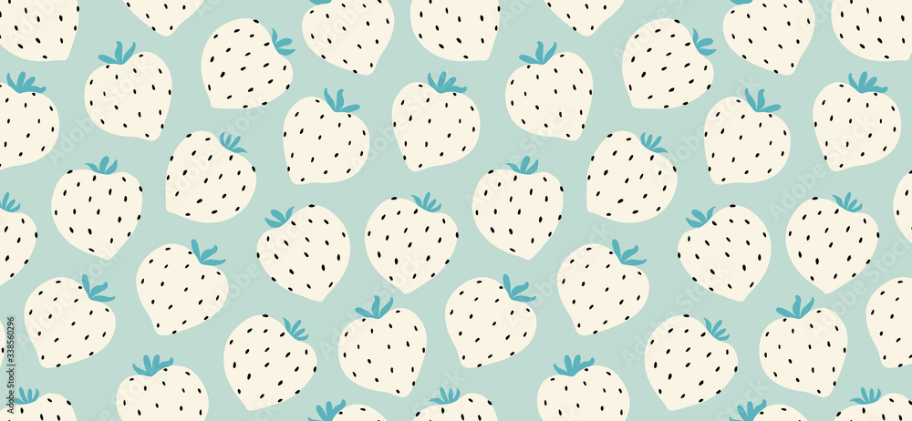 Modern white strawberry seamless pattern. Big white round strawberries on blue. Big bold berries. Berry pattern design for textiles, web banner, cards. Fresh summer fruits. Trendy vector design.