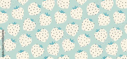Modern white strawberry seamless pattern. Big white round strawberries on blue. Big bold berries. Berry pattern design for textiles  web banner  cards. Fresh summer fruits. Trendy vector design.