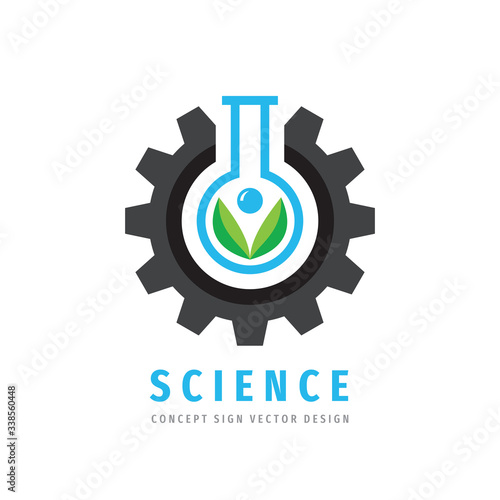 Science logo concept design. Gear, test tube & green leaves creative sign. Cogwheel & flask symbol. Chemical pharmacology medicine icon. Industrial factory logo. Vector illustration.  