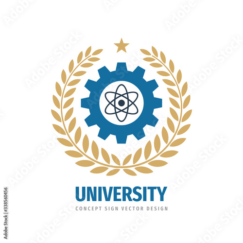 University education concept logo template. Technical high school sign. Academic graduation emblem. Laurel wreath, gear and atom symbol. Vector illustration. 