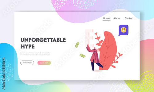 Woman Spread Hype in Social Networks, Trend in Advertising and News, Public Relations Landing Page Template. Female Character Carry Huge Letter E with Smile Icon and Bills. Cartoon Vector Illustration