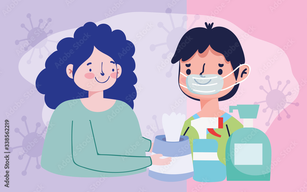 couple with hand sanitizer gel, liquid soap, tissue paper, covid 19 coronavirus pandemic prevention couple with hand sanitizer gel, liquid soap, tissue paper, covid 19 coronavirus pandemic prevention